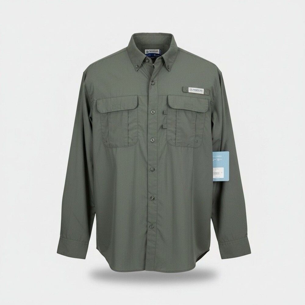 Magellan Outdoors Fish Gear Shirt Medium Olive Moisture Wick Vented Button Up